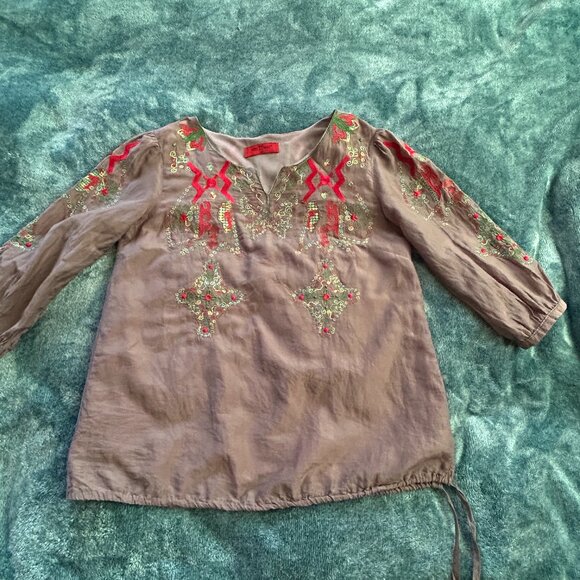 Sole Mio Brown Embroidery Cotton Blouse Size M - Picture 1 of 9